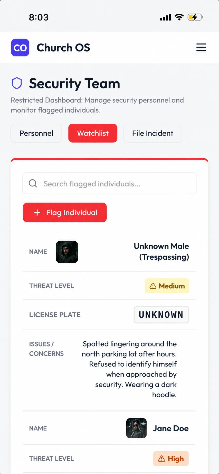 Church Security Dashboard